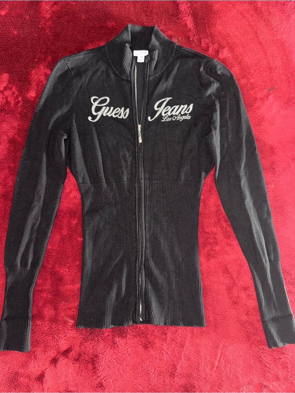 Y2K GUESS Jeans Women's Black Zip-Up Ribbed Jacket S